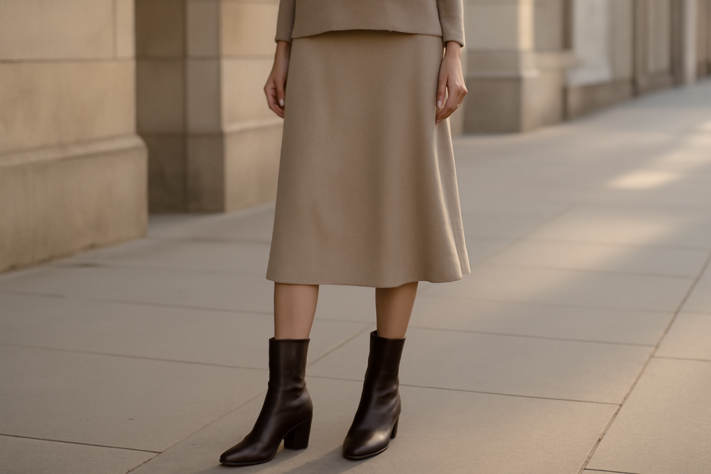 Comment assortir des bottes mi-hautes à une jupe midi sans tasser ?